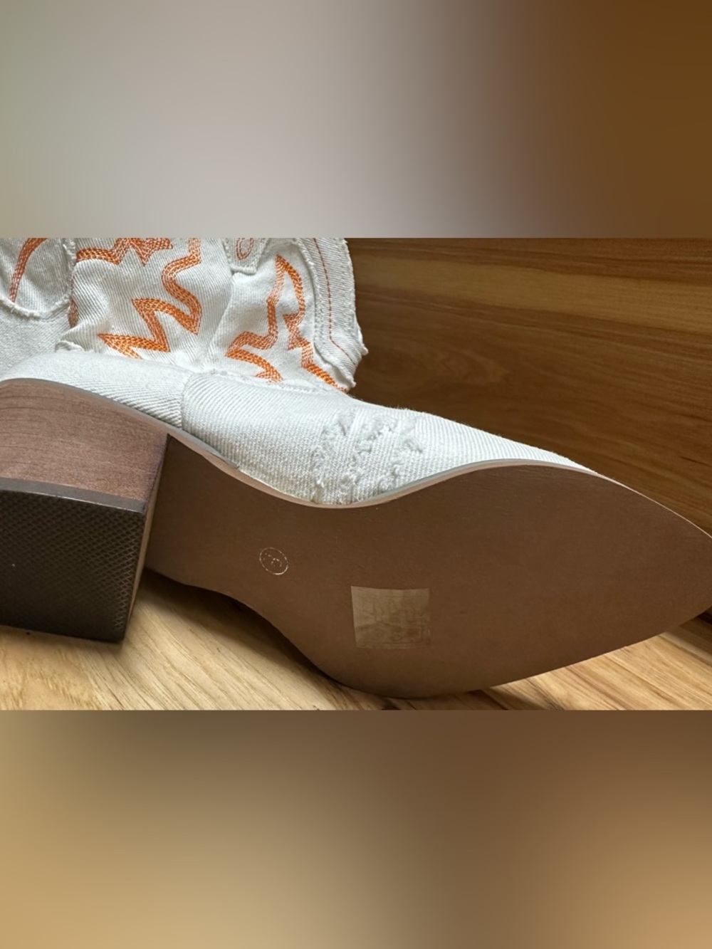 J. Adams Giddyup Mid-Calf White Denim & Orange Distressed Embroidered Boots NWT - Picture 6 of 7